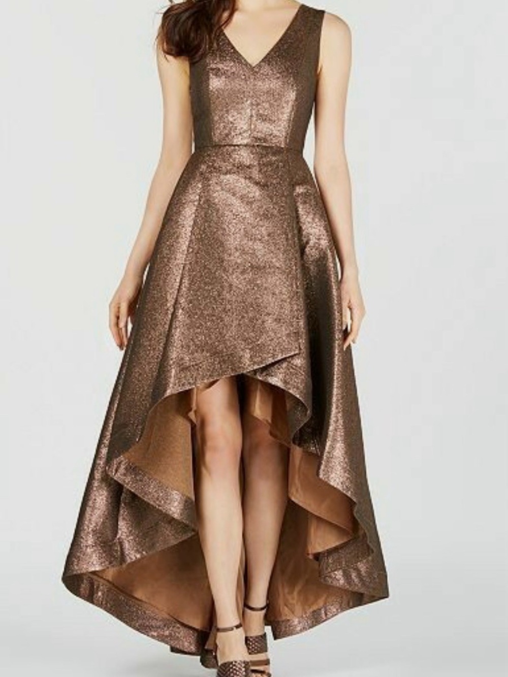Calvin Klein | Metallic Bronze High-Low V‑Neck Evening Dress- Size 10